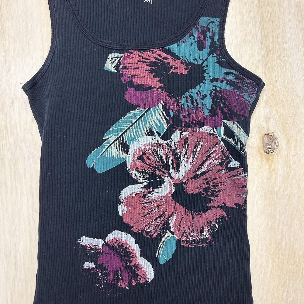 Y2K Old Navy Tank Top Womens Small Black Floral Scoop Neck Ribbed Tropical Top - Picture 2 of 6